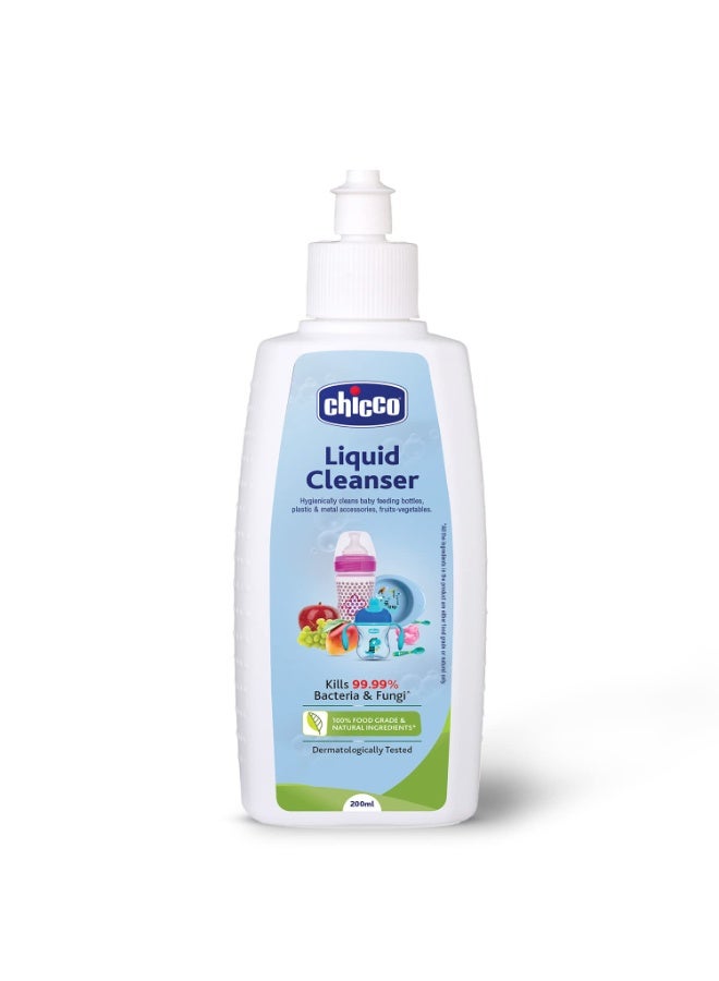 شيكو Chicco Liquid Cleanser 200ml Bottle Wash for Cleaning Baby Bottles, 100% Food Grade & Natural Ingredients, kills 99.99% Germs, Anti-Bacterial & Anti-Fungal, Cleans Baby Feeding Bottles, Nipples, Sipper Cups, Toys, Fruits, Vegetables, etc., Baby Safe & Dermatologically tested - Image 1